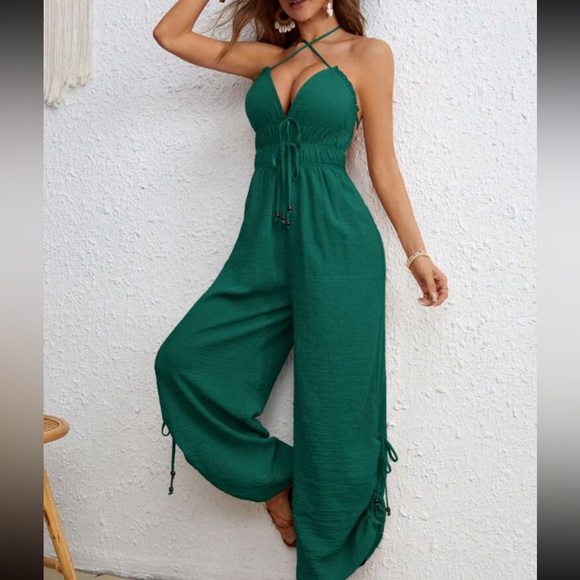 Boho Ruched Criss Cross Wide Leg Backless Open Back Jumpsuit Green - Picture 3 of 6